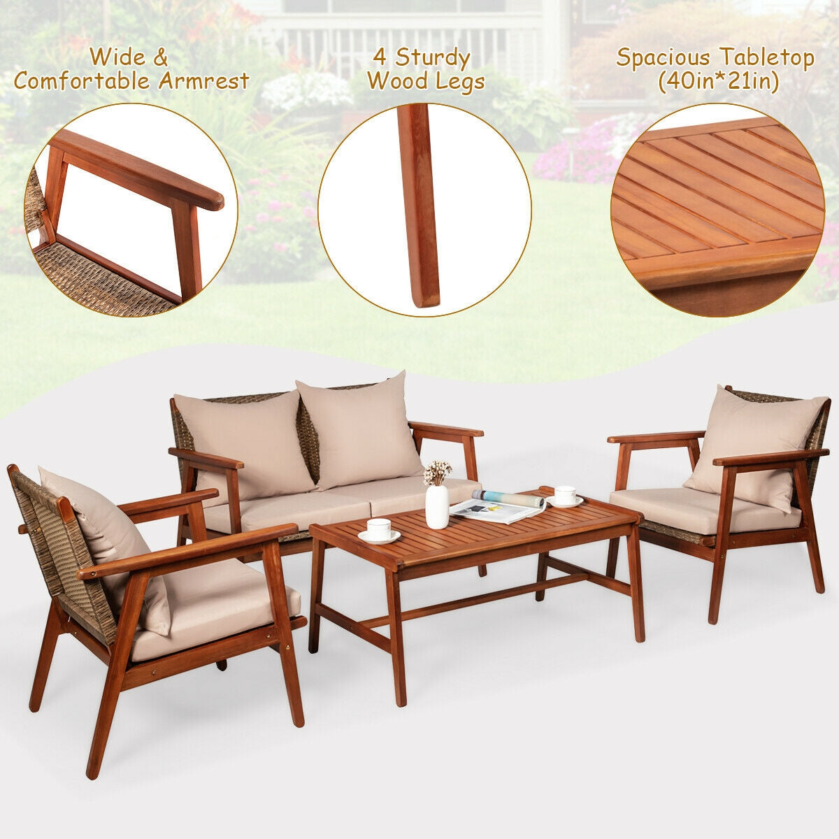 4 Pieces Acacia Wood Patio Rattan Furniture Set with Zippered Cushions