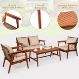 4 Pieces Acacia Wood Patio Rattan Furniture Set with Zippered Cushions