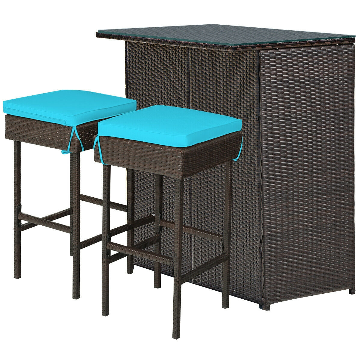 3-piece Rattan Wicker Bar Table Stools Dining Set Cushioned Chairs