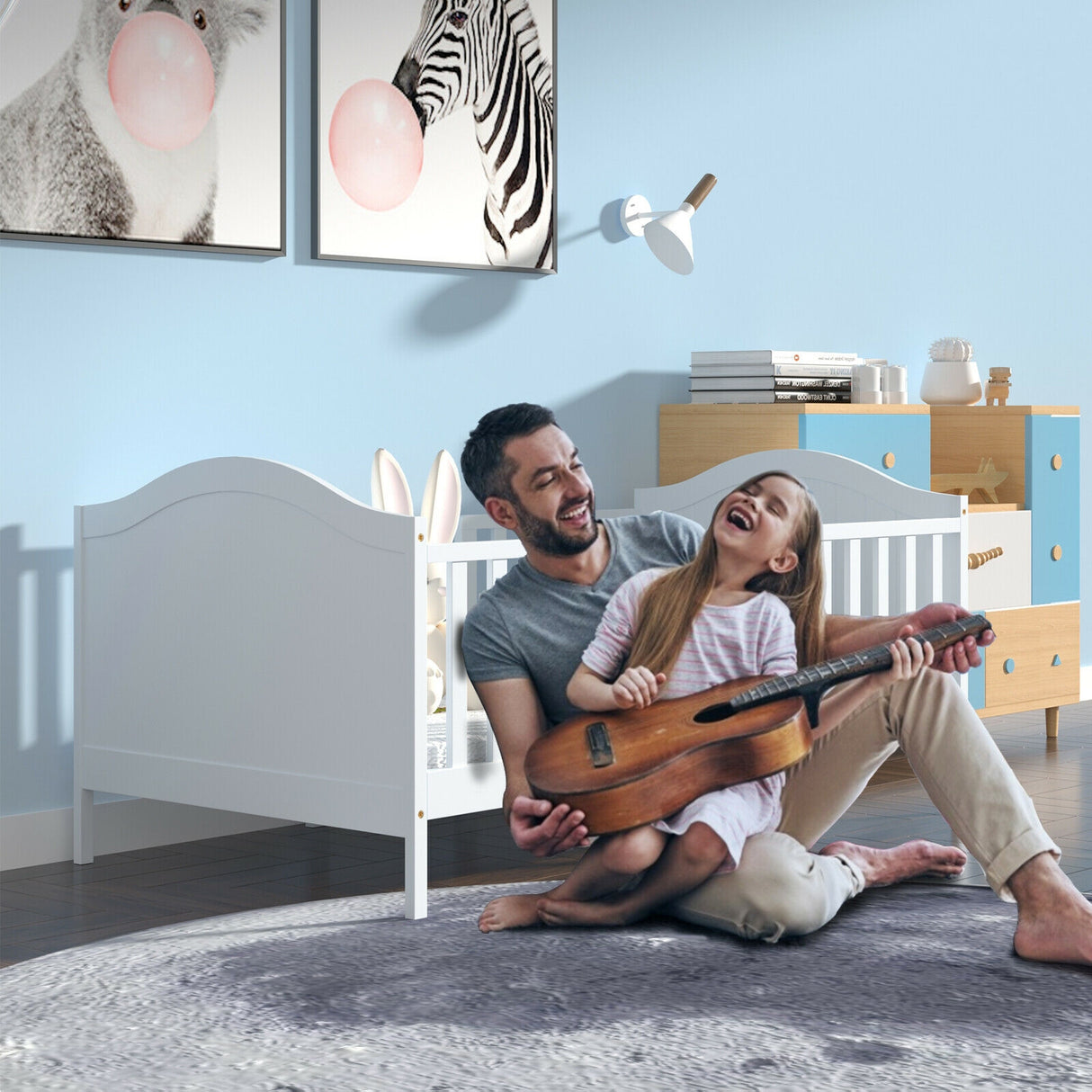 2-in-1 Classic Convertible Wooden Toddler Bed with 2 Side Guardrails for Extra Safety-White