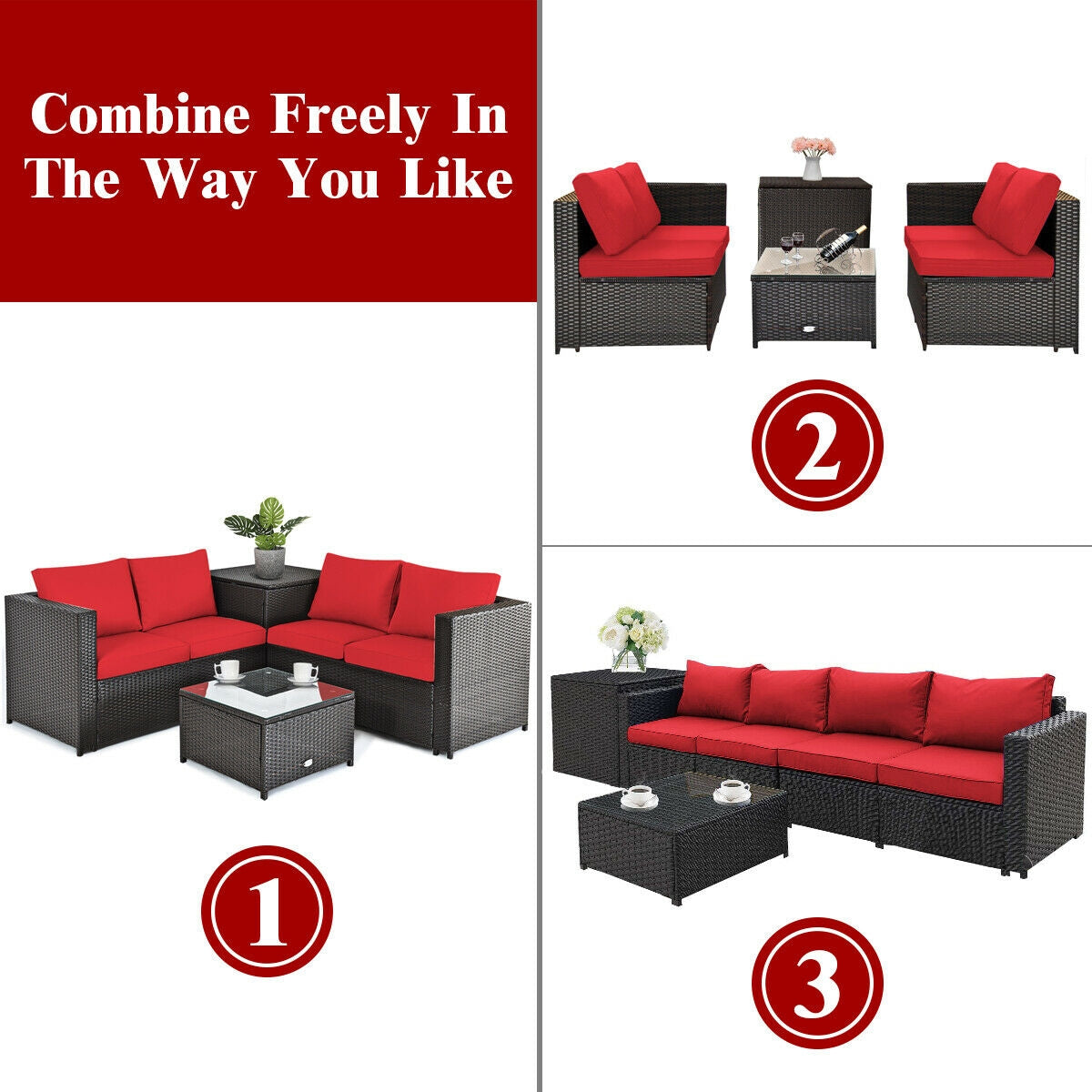 4 Pieces Outdoor Patio Rattan Furniture Set with Cushioned Loveseat and Storage Box
