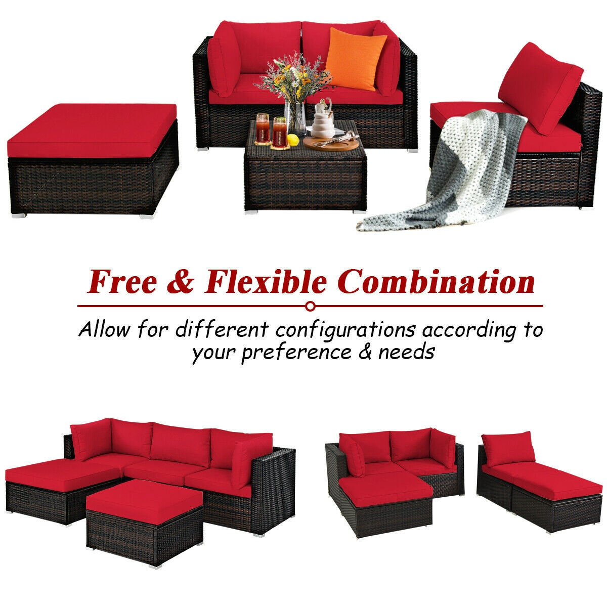 5 Pieces Patio Rattan Sectional Conversation Ottoman Furniture Set