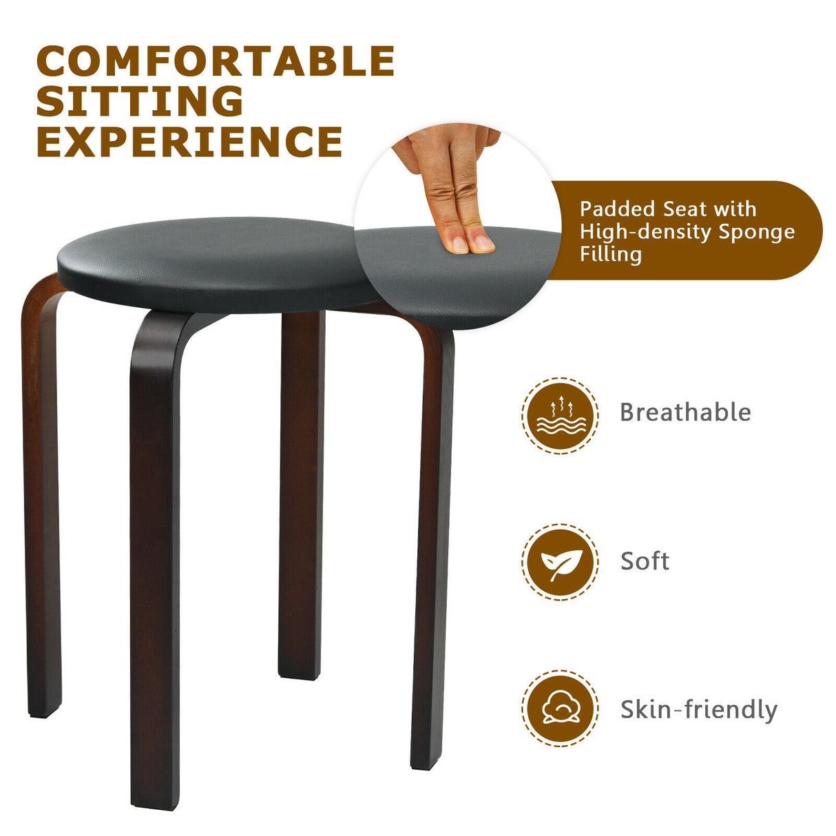 Set of 4 Bentwood Round Stool Stackable Dining Chairs with Padded Seat-Black
