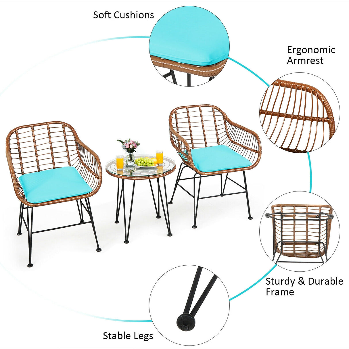 3 Pieces Patio Rattan Bistro Set with Cushion