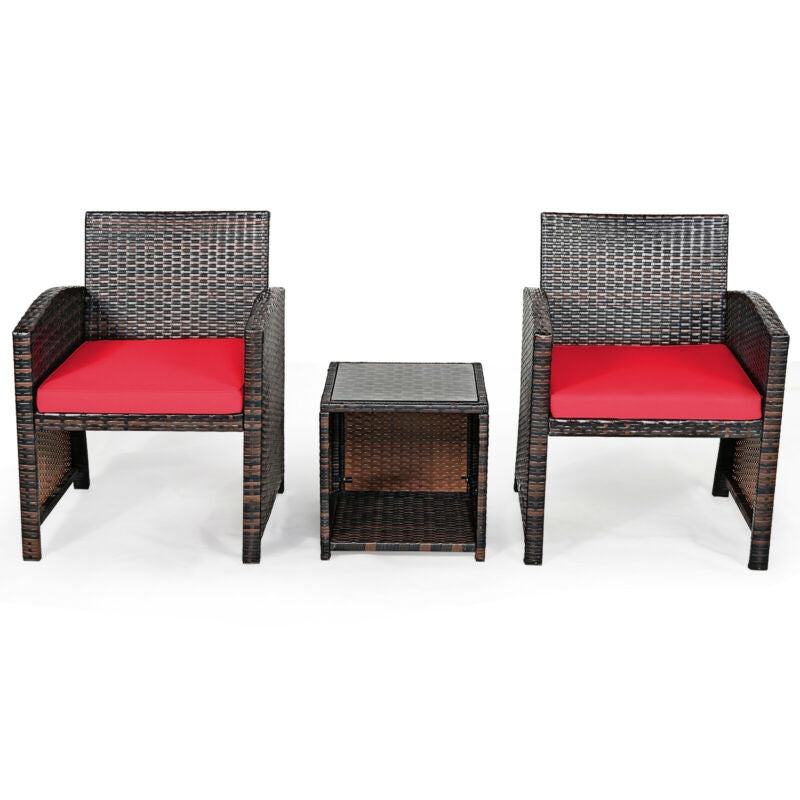 3 Pieces PE Rattan Wicker Furniture Set with Cushion Sofa Coffee Table for Garden