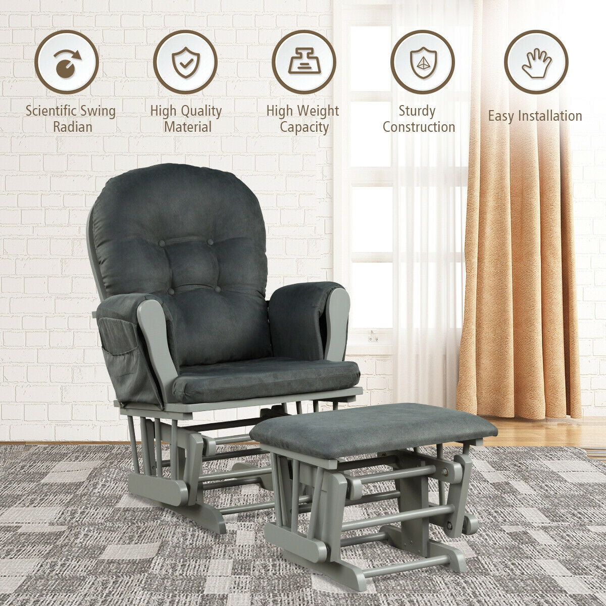 Baby Nursery Relax Rocker Rocking Chair Glider and Ottoman Set-Gray
