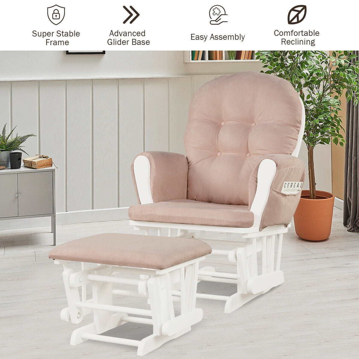 Wood Glider and Ottoman Set with Padded Armrests and Detachable Cushion