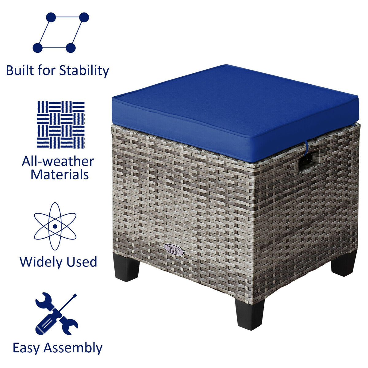 2PCS Patio Rattan Wicker Ottoman Seat with Removable Cushions