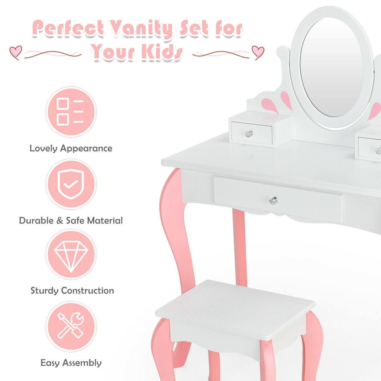 Kids Vanity Princess Makeup Dressing Table Stool Set with Mirror and Drawer