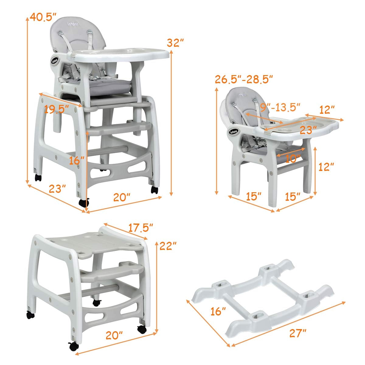 3-in-1 Baby High Chair with Lockable Universal Wheels