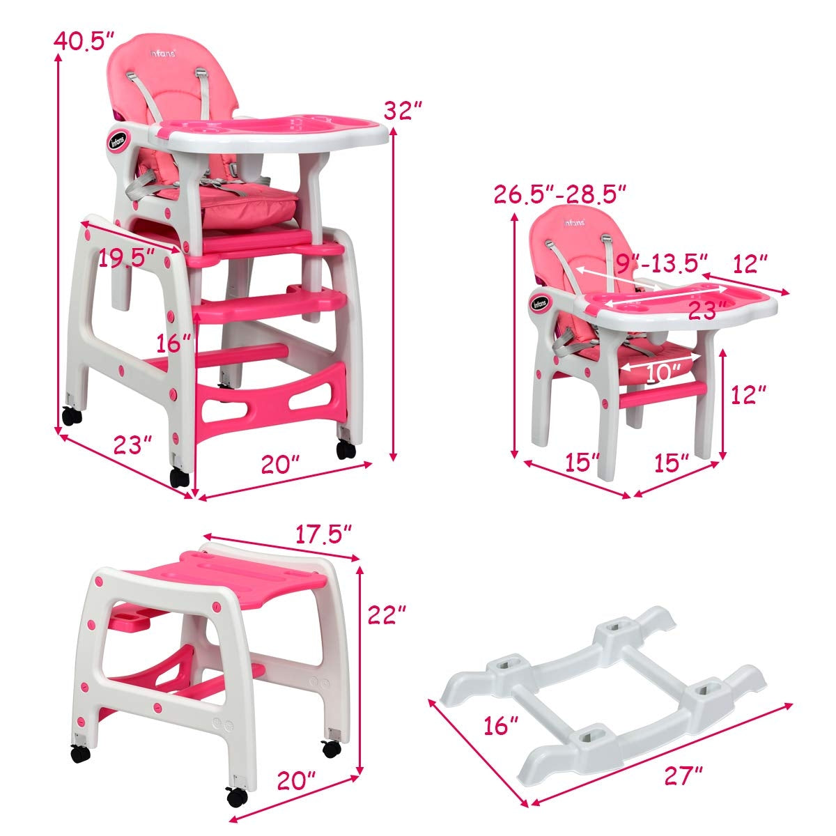 3-in-1 Baby High Chair with Lockable Universal Wheels