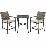 3 Pieces Patio Rattan Bar Furniture Set with Slat Table and 2 Cushioned Stools-Gray