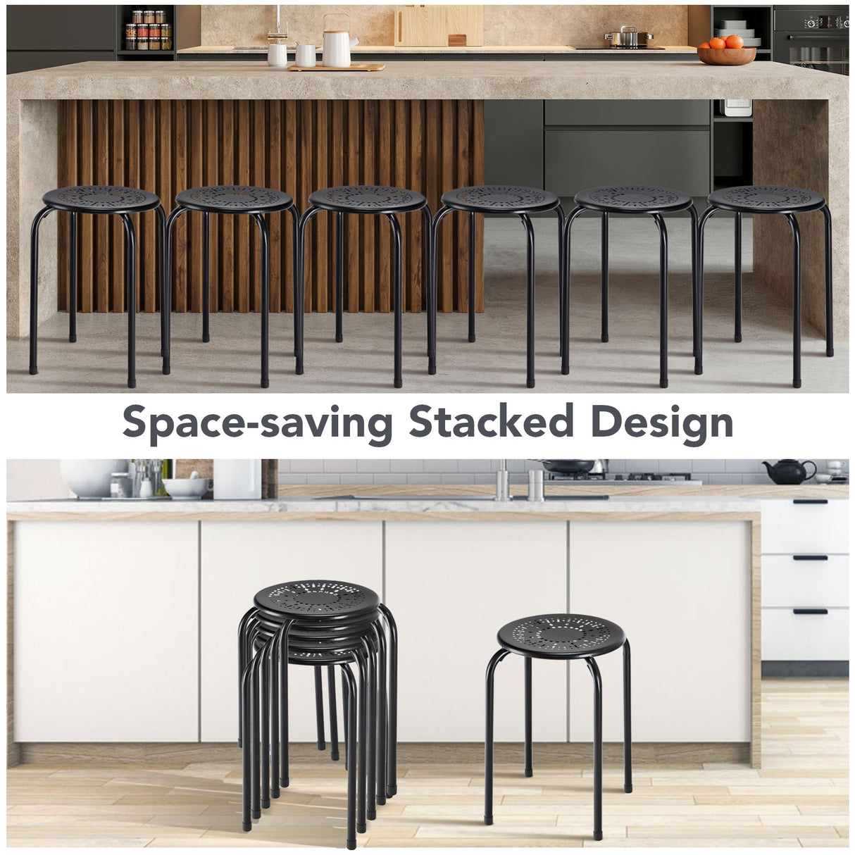 Set of 6 Stackable Multifunctional Daisy Design Backless Round Metal Stool Set