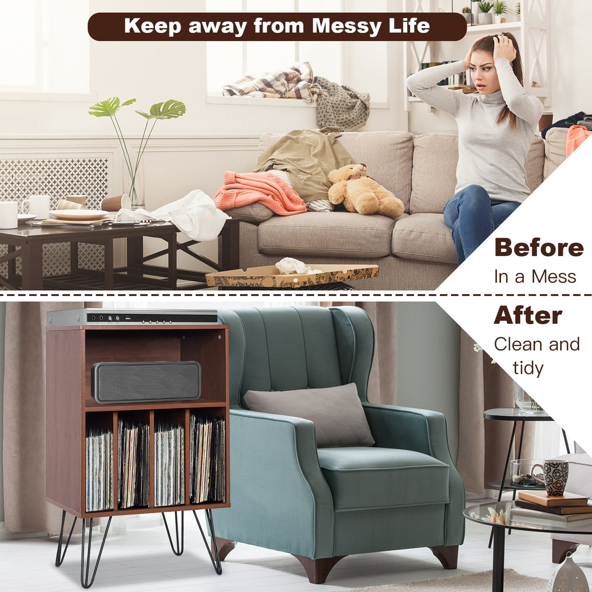 Freestanding Record Player Stand Storage Cabinet with Metal Legs