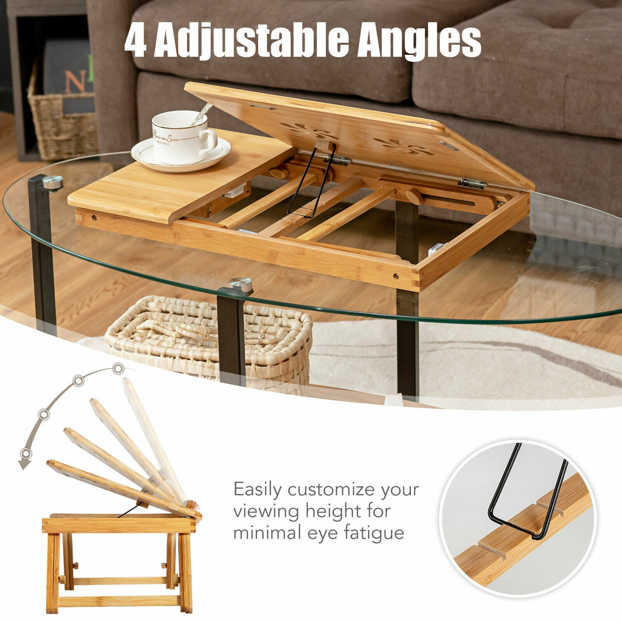 Bamboo Laptop Lap Tray with Adjustable Legs and Tilting Heat-dissipation Top