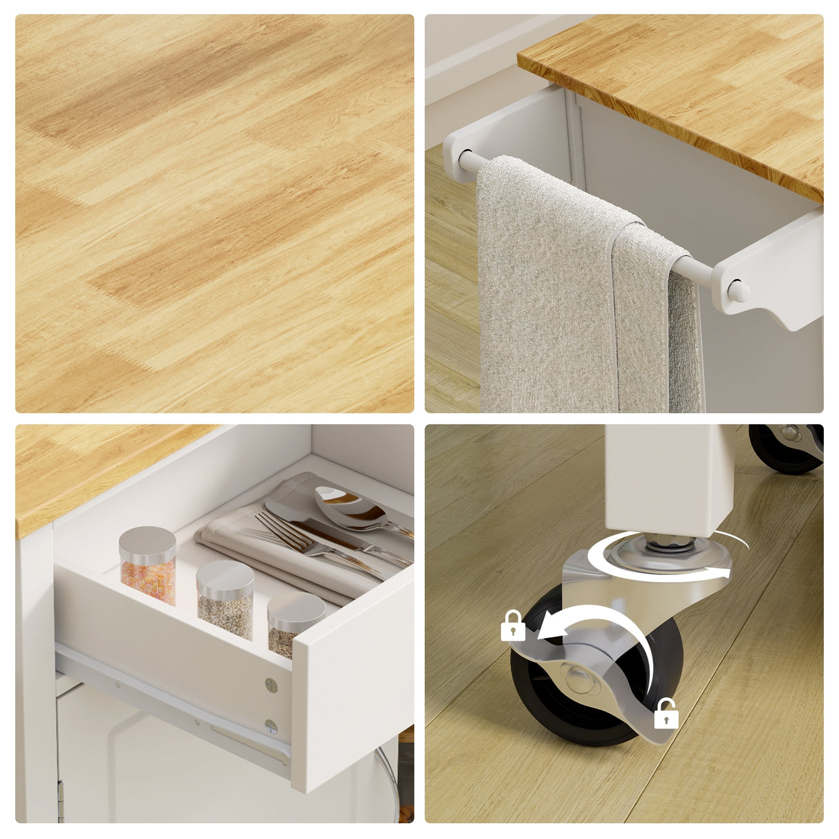 Modern Rolling Kitchen Cart Island with Wooden Top