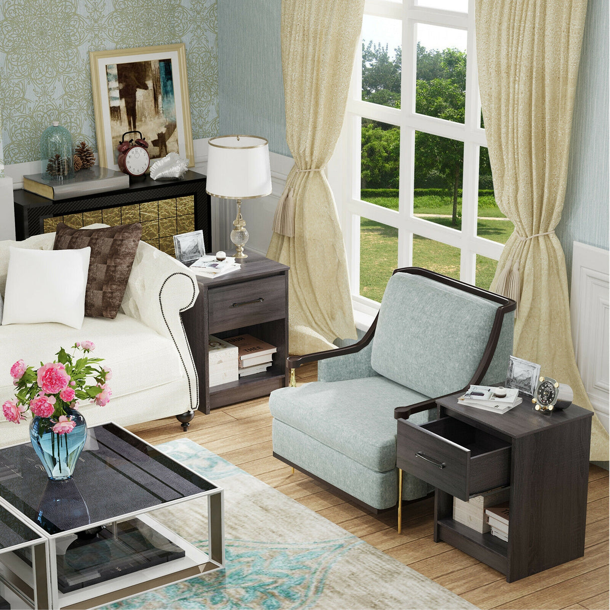 Wooden Nightstand with Drawer and Open Storage Compartment-Black