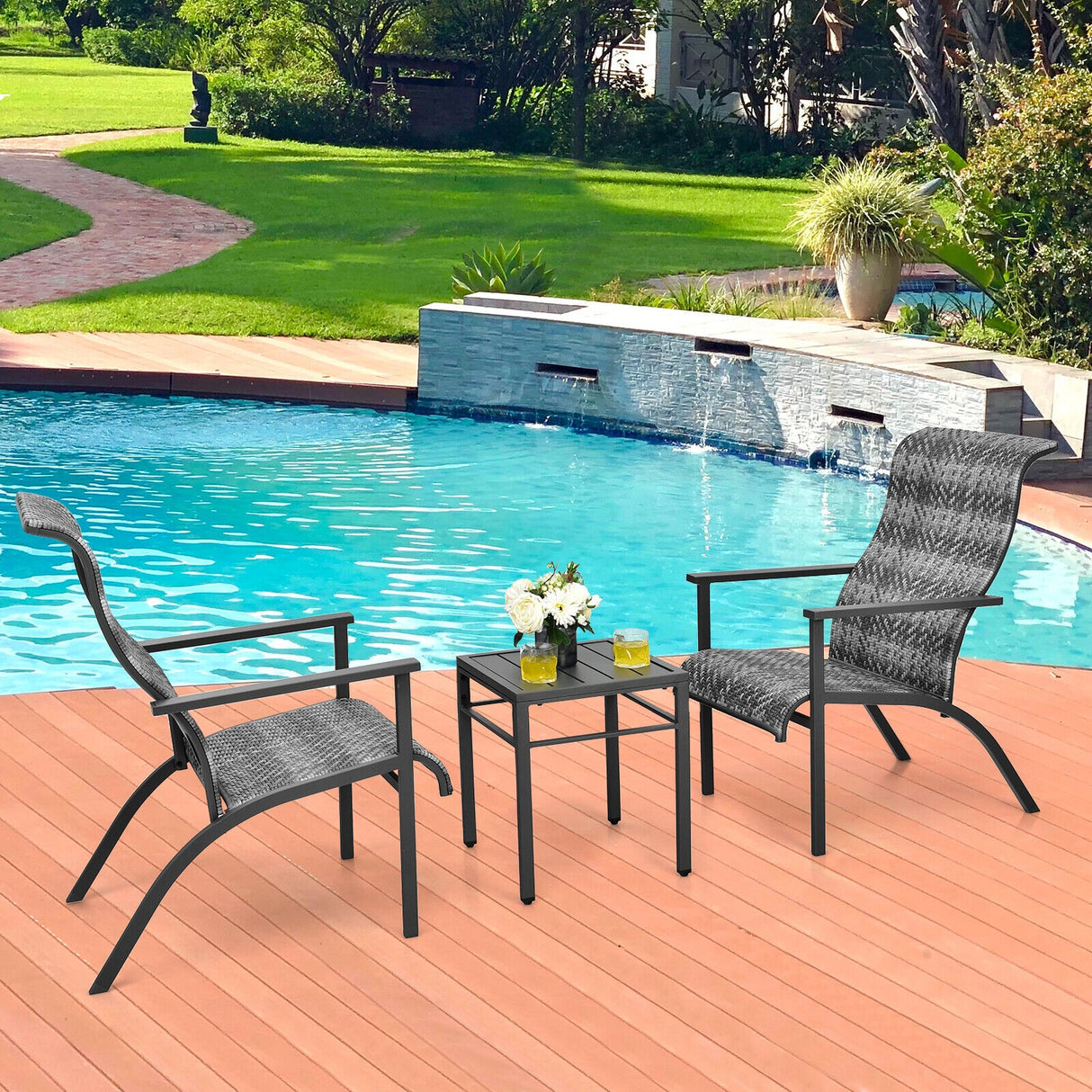 3 Pieces Patio Rattan Bistro Set with High Backrest and Armrest