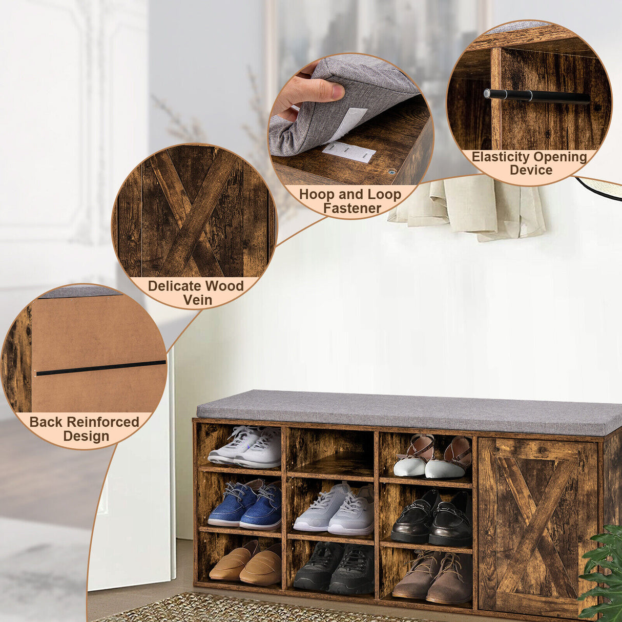 9-cube Adjustable Storage Shoe Bench with Padded Cushion