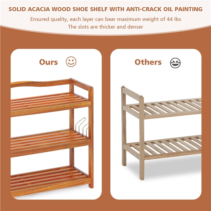 3-Tier Acacia Wood Shoe Rack with Side Metal Hooks
