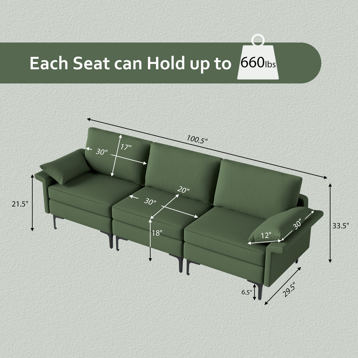 Large 3-Seat Sofa Sectional with Metal Legs and 2 USB Ports for 3-4 people
