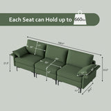 Large 3-Seat Sofa Sectional with Metal Legs and 2 USB Ports for 3-4 people