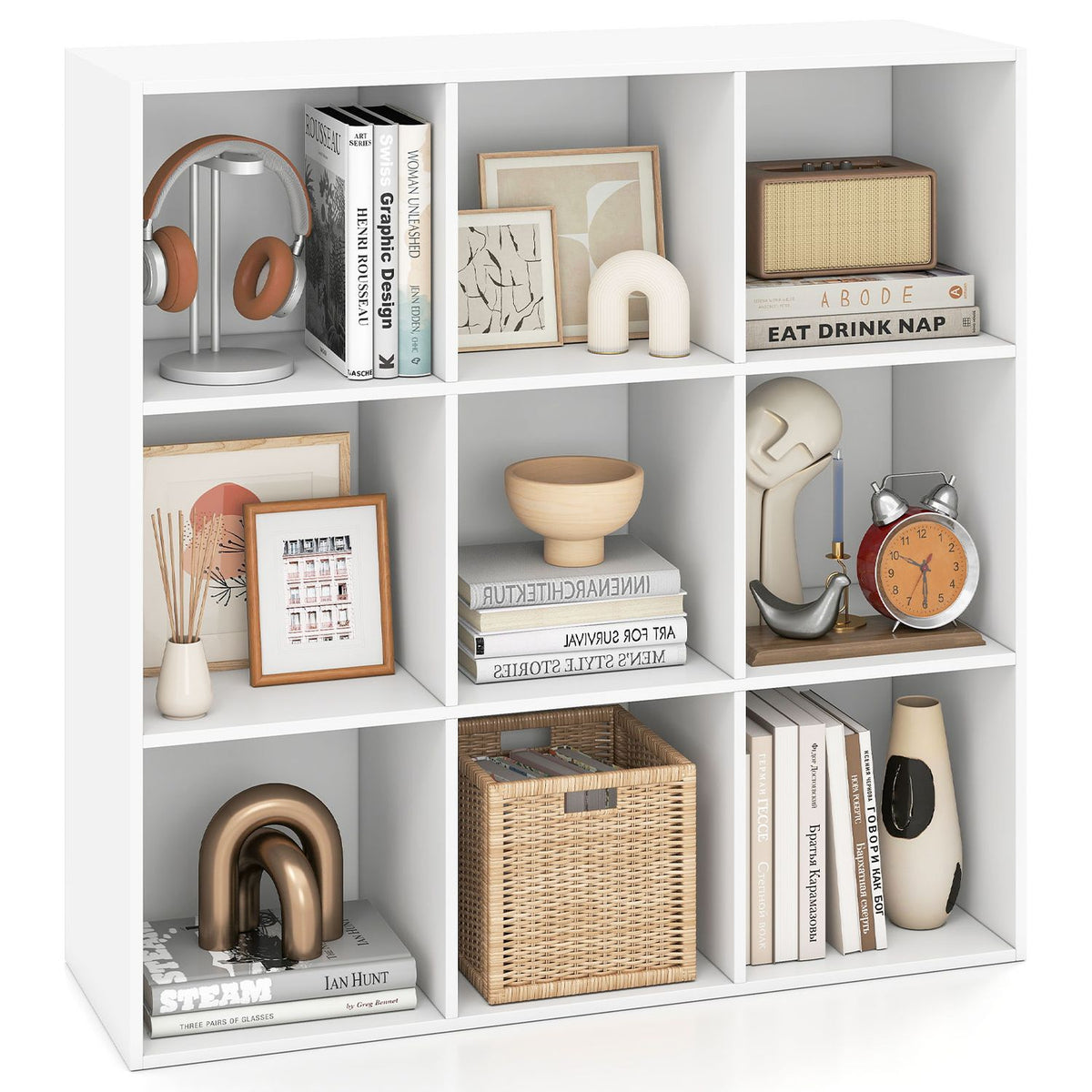 9-Cube Book Shelf Tool-Free Assembly Wooden Bookshelf Modern Bookcase Storage Organizer-White