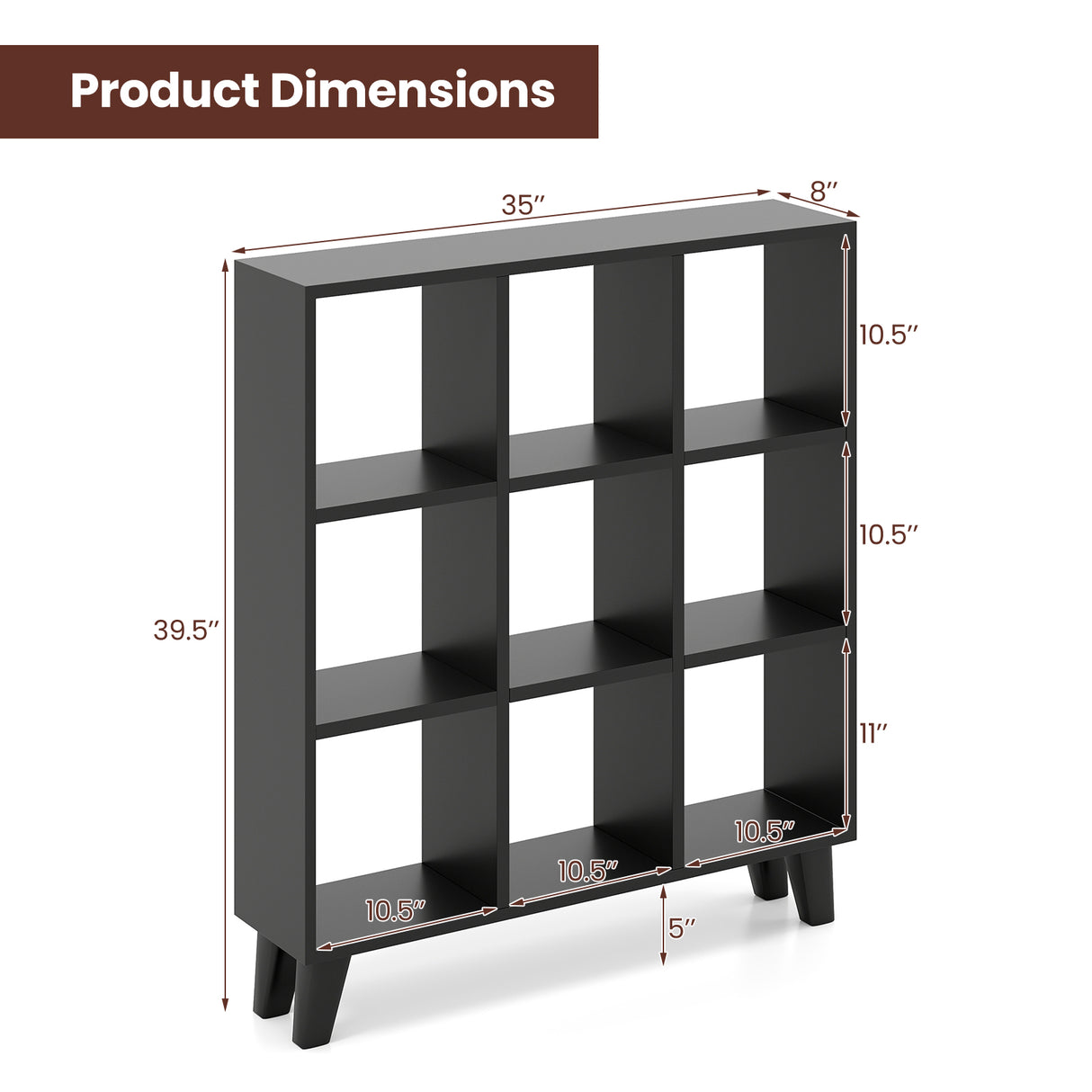 9-Cube Bookcase with 6 Removable Shelves and Raised Support Feet