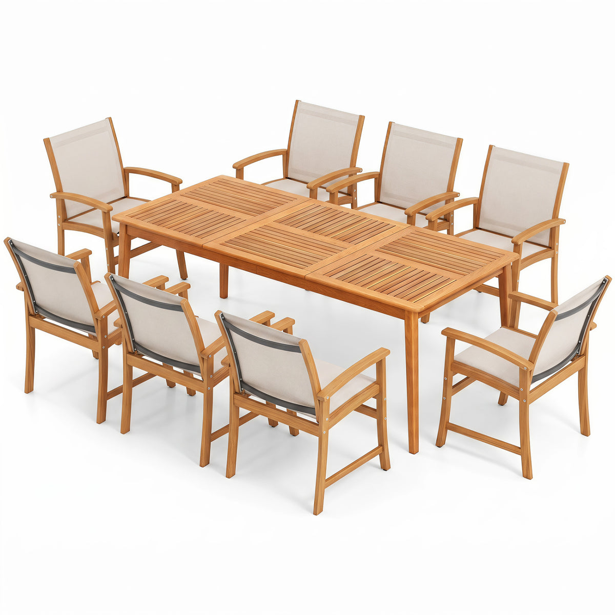 9-Piece Acacia Wood Outdoor Patio Dining Set with 80â Rectangular Table and Breathable Fabric Armchairs-Yellow