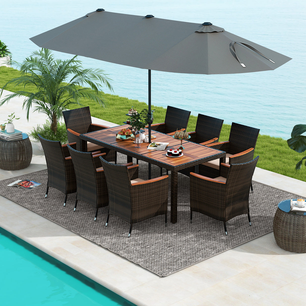 10 Piece Outdoor Dining Set with 15 Feet Double-Sided Twin Patio Umbrella