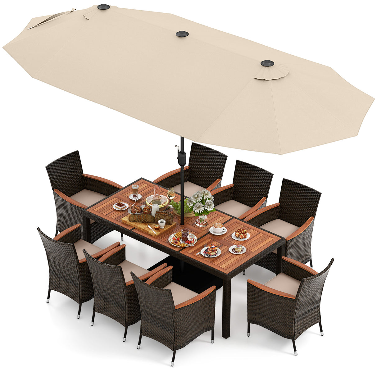 10 Piece Outdoor Dining Set with 15 Feet Double-Sided Twin Patio Umbrella