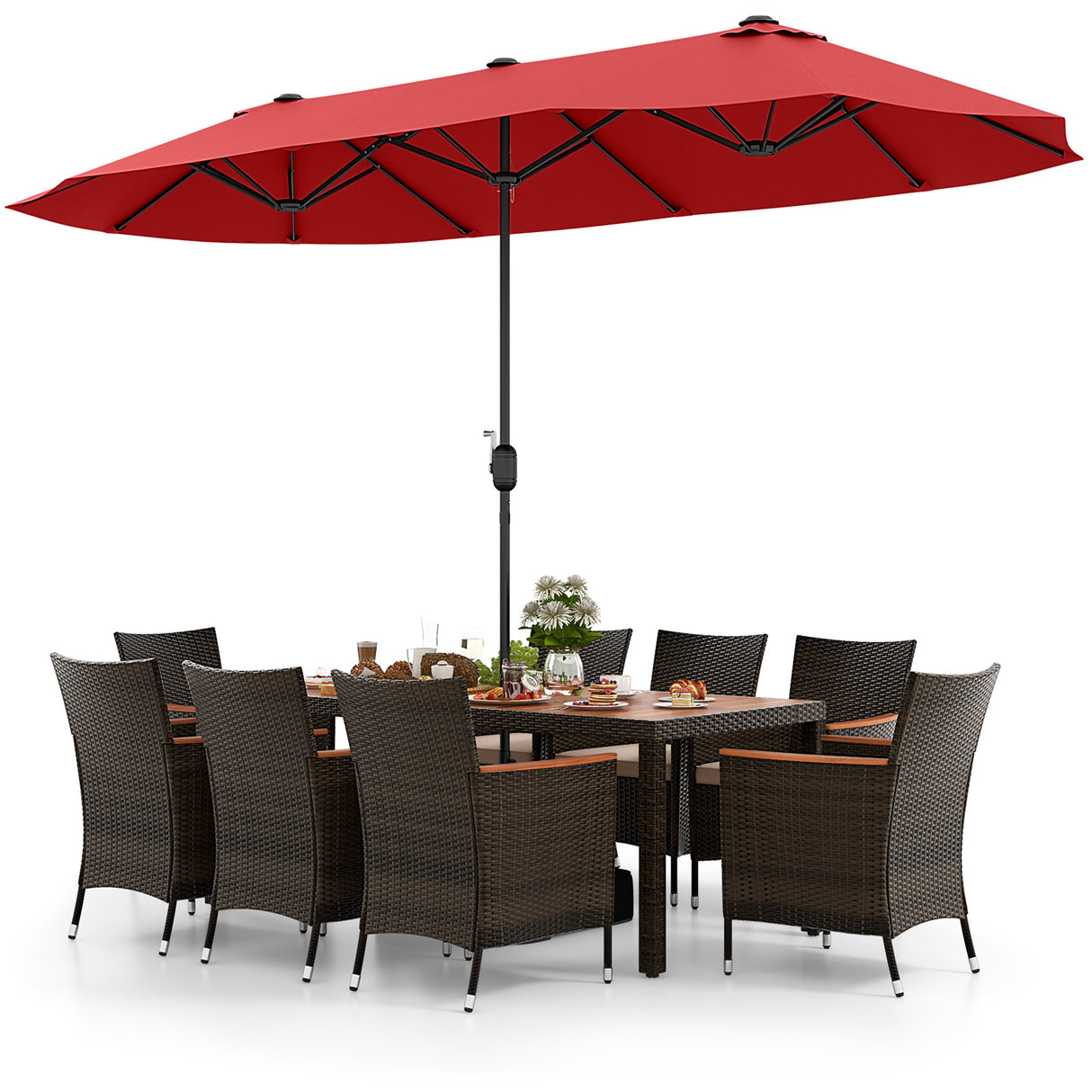 10 Piece Outdoor Dining Set with 15 Feet Double-Sided Twin Patio Umbrella