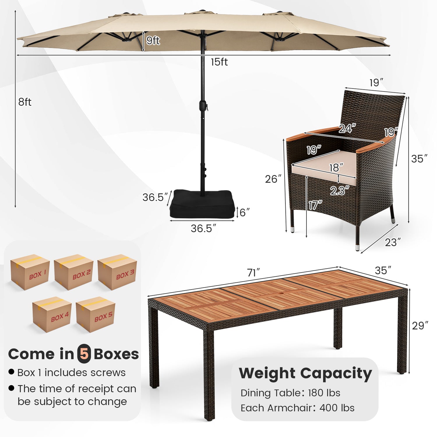 10 Piece Outdoor Dining Set with 15 Feet Double-Sided Twin Patio Umbrella