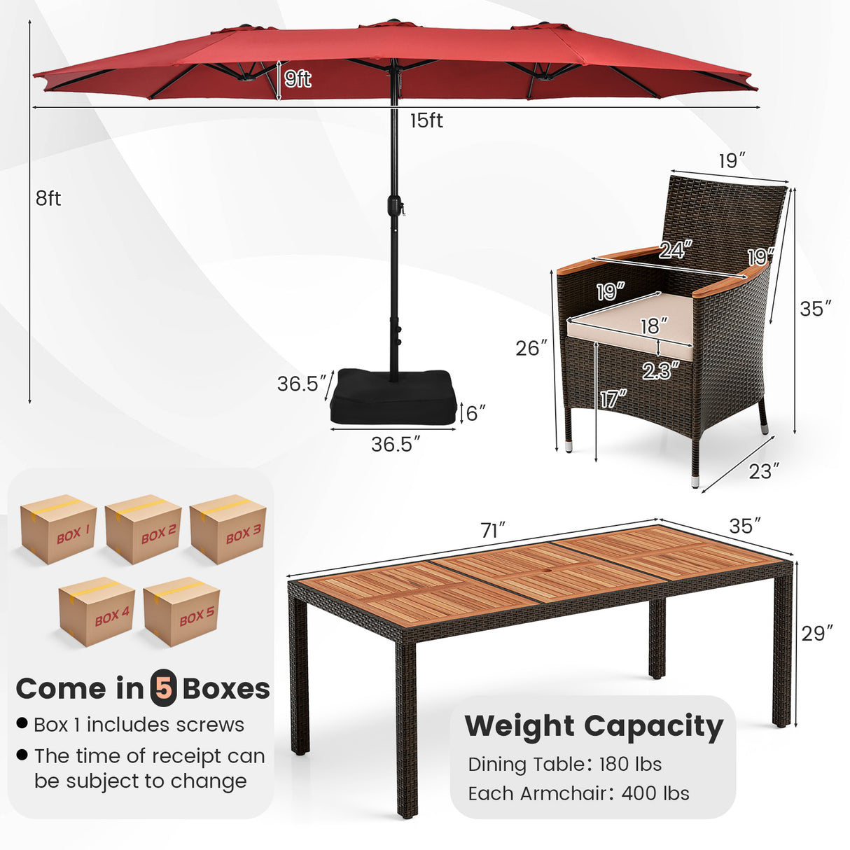 10 Piece Outdoor Dining Set with 15 Feet Double-Sided Twin Patio Umbrella
