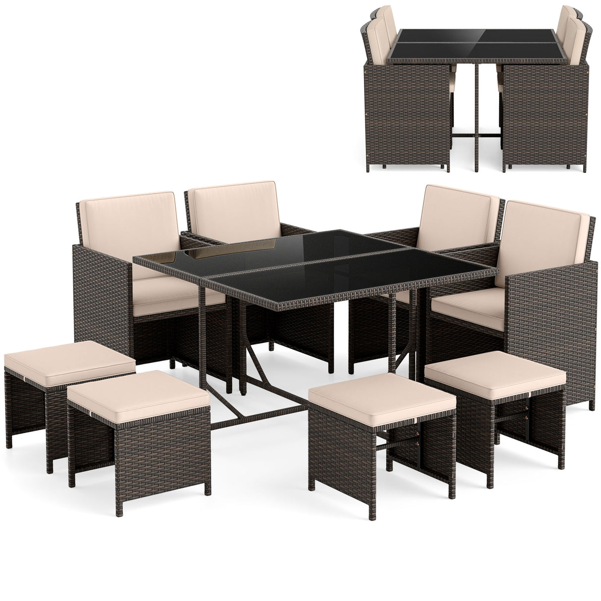 9 Piece Patio Dining Set with Tempered Glass Table and Ottoman