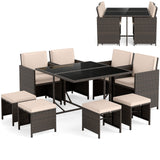 9 Piece Patio Dining Set with Tempered Glass Table and Ottoman