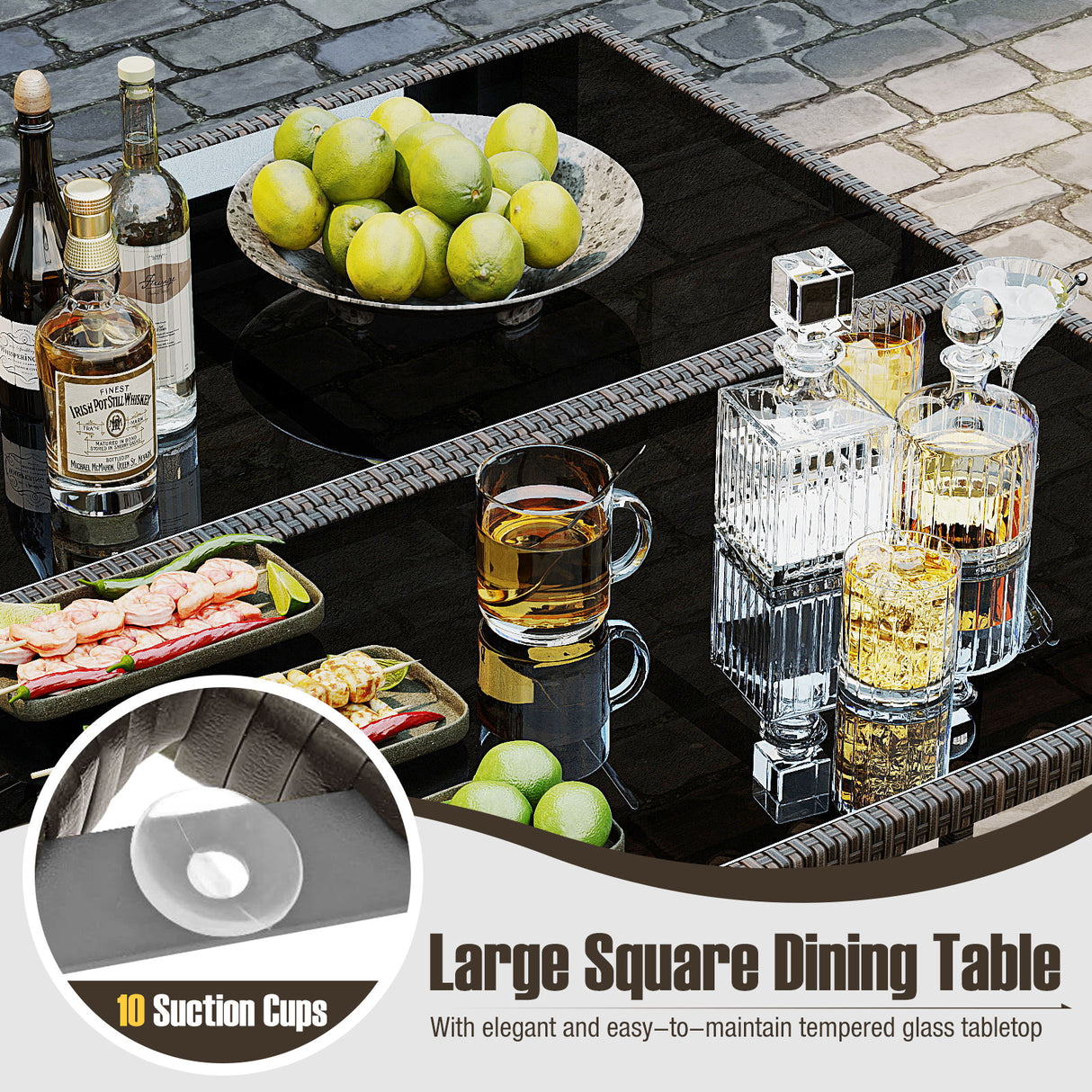 9 Piece Patio Dining Set with Tempered Glass Table and Ottoman