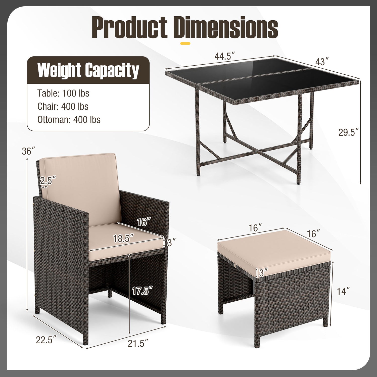 9 Piece Patio Dining Set with Tempered Glass Table and Ottoman