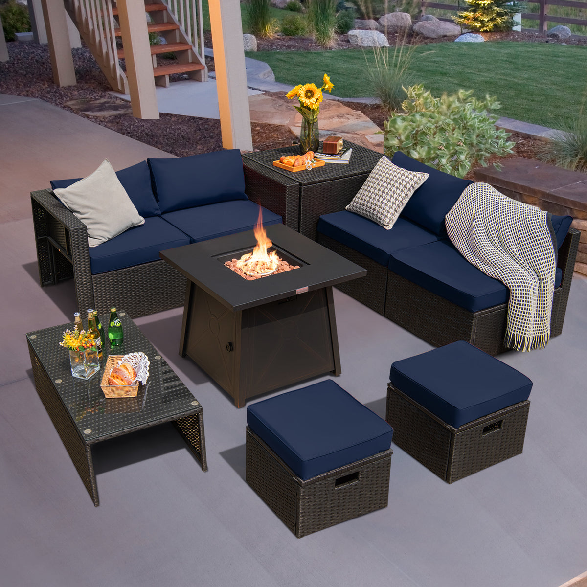 9 Piece Weatherproof Rattan Patio Conversation Set with 30 Inches Propane Fire Pit Table and Dust Covers
