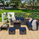 9 Piece Weatherproof Rattan Patio Conversation Set with 30 Inches Propane Fire Pit Table and Dust Covers