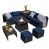 9 Piece Weatherproof Rattan Patio Conversation Set with 30 Inches Propane Fire Pit Table and Dust Covers