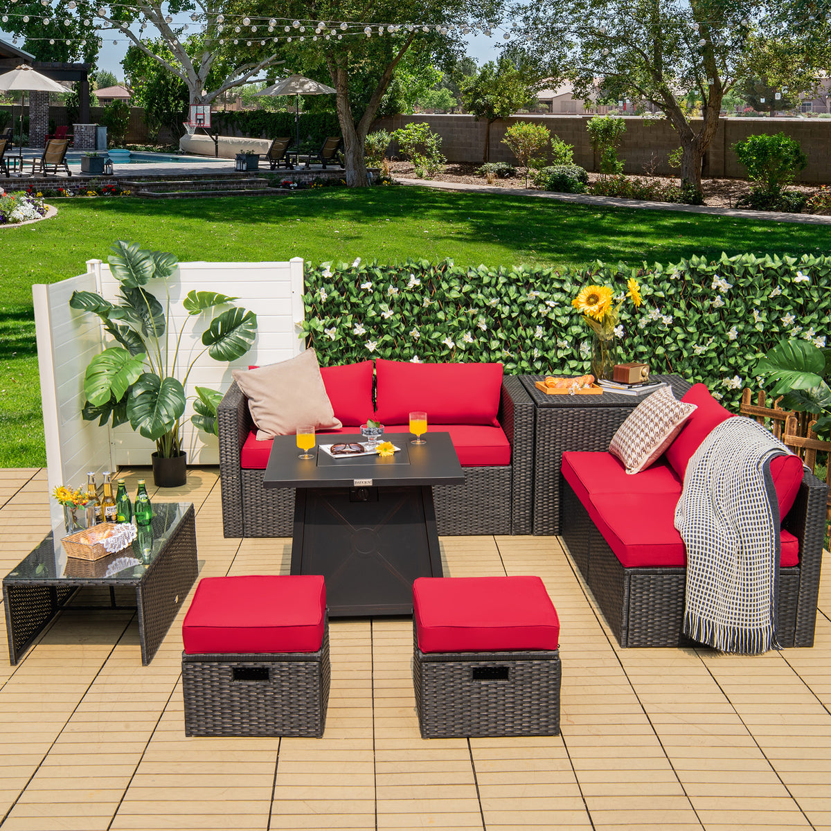 9 Piece Weatherproof Rattan Patio Conversation Set with 30 Inches Propane Fire Pit Table and Dust Covers