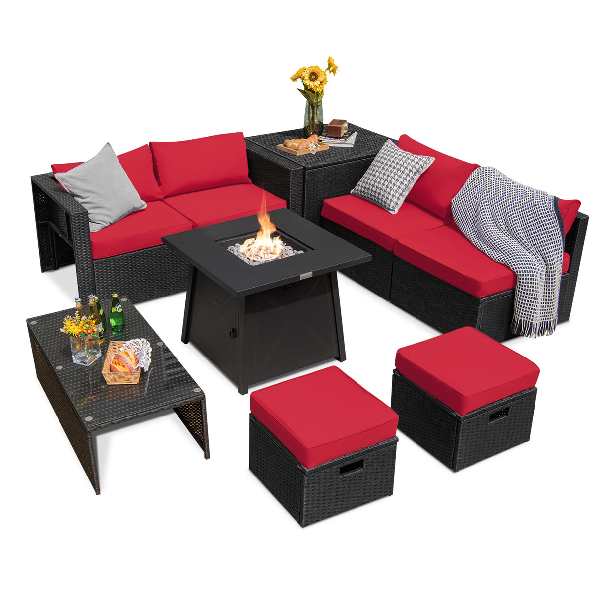 9 Piece Weatherproof Rattan Patio Conversation Set with 30 Inches Propane Fire Pit Table and Dust Covers