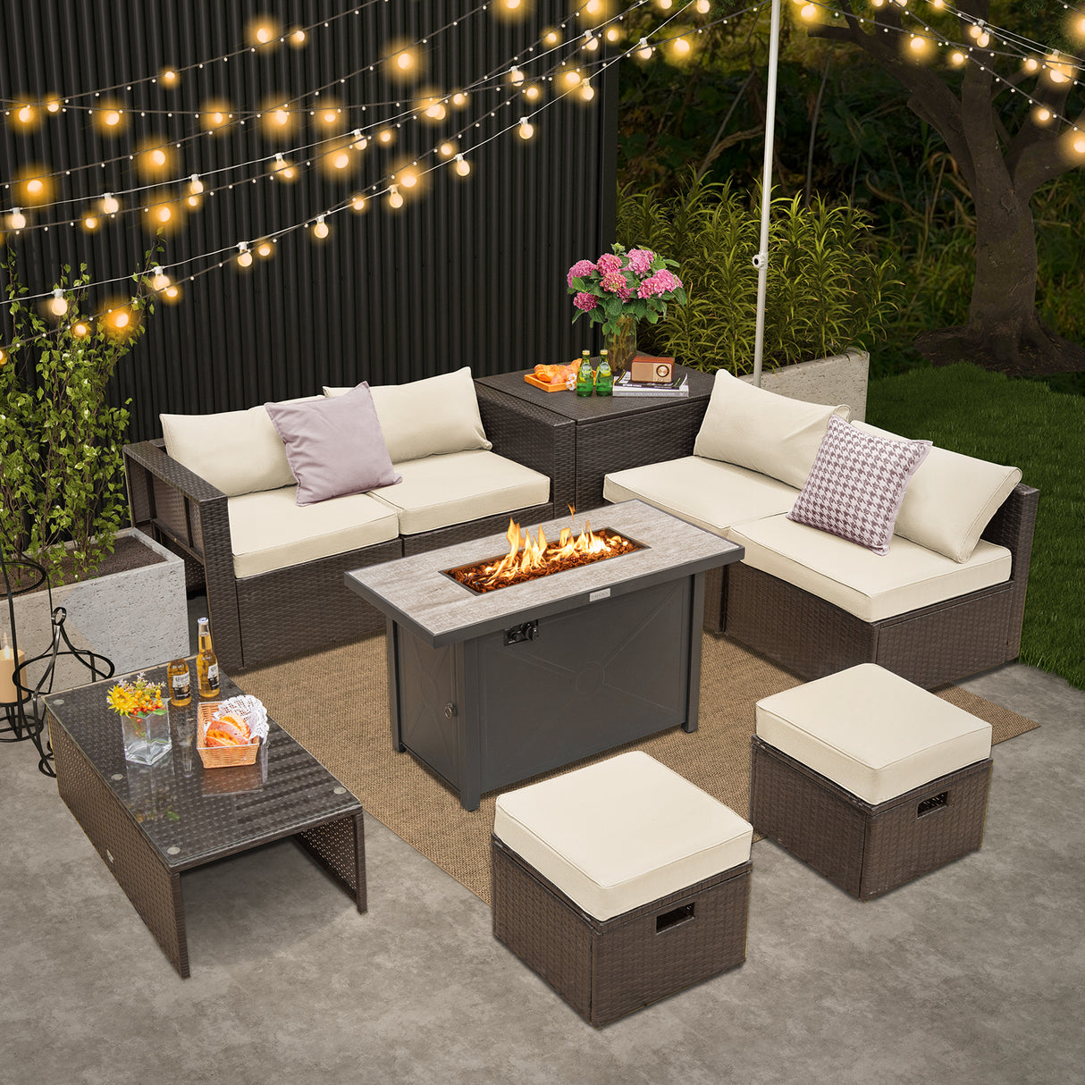 9 Pieces Outdoor Patio Furniture Set with 42 Inch Propane Fire Pit Table