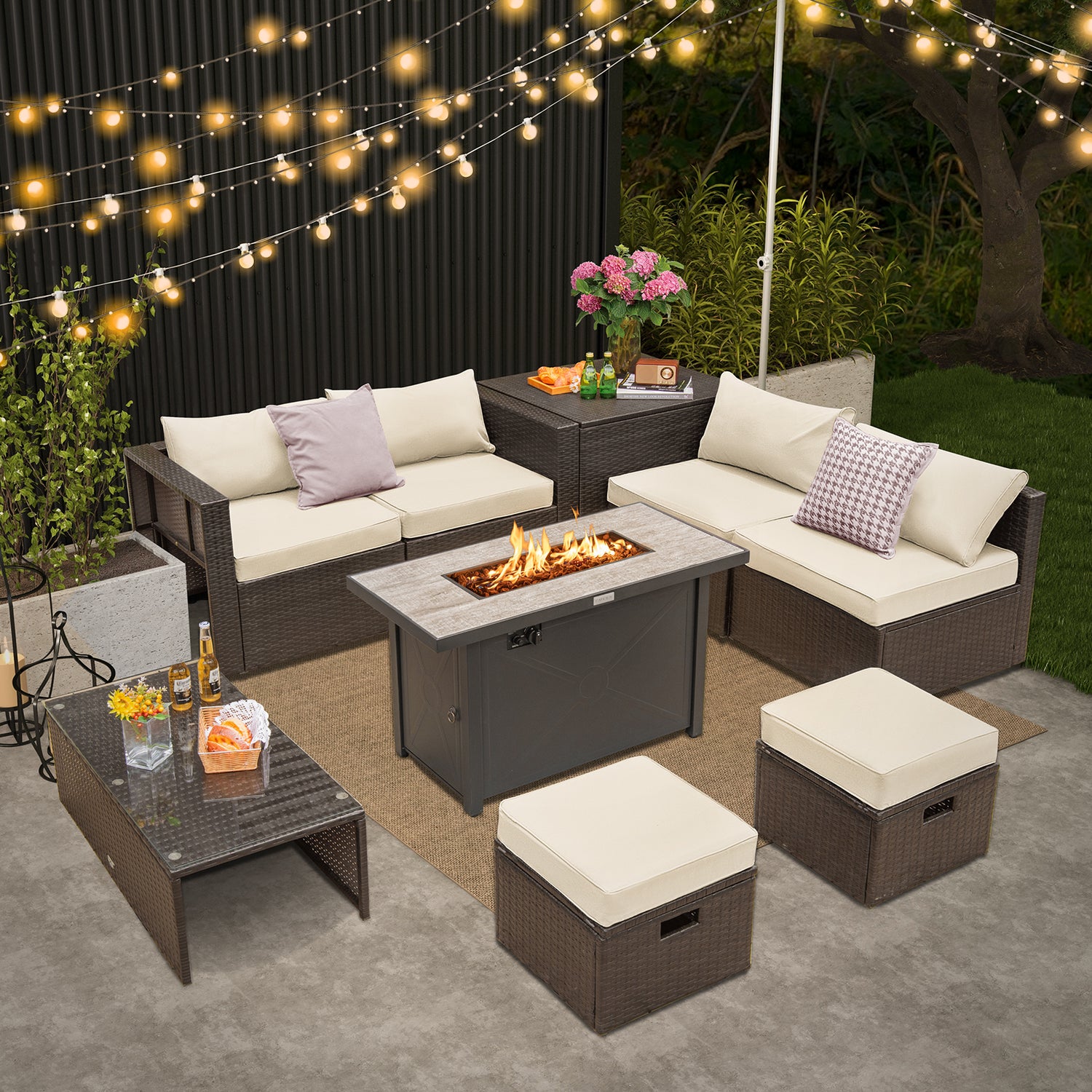 9 Pieces Outdoor Patio Furniture Set with 42 Inch Propane Fire Pit Table