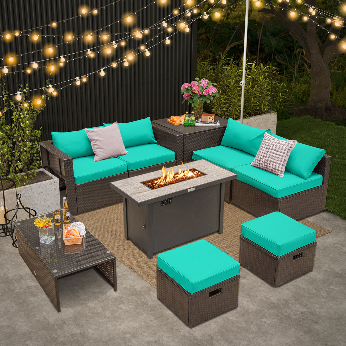 9 Pieces Outdoor Patio Furniture Set with 42 Inch Propane Fire Pit Table