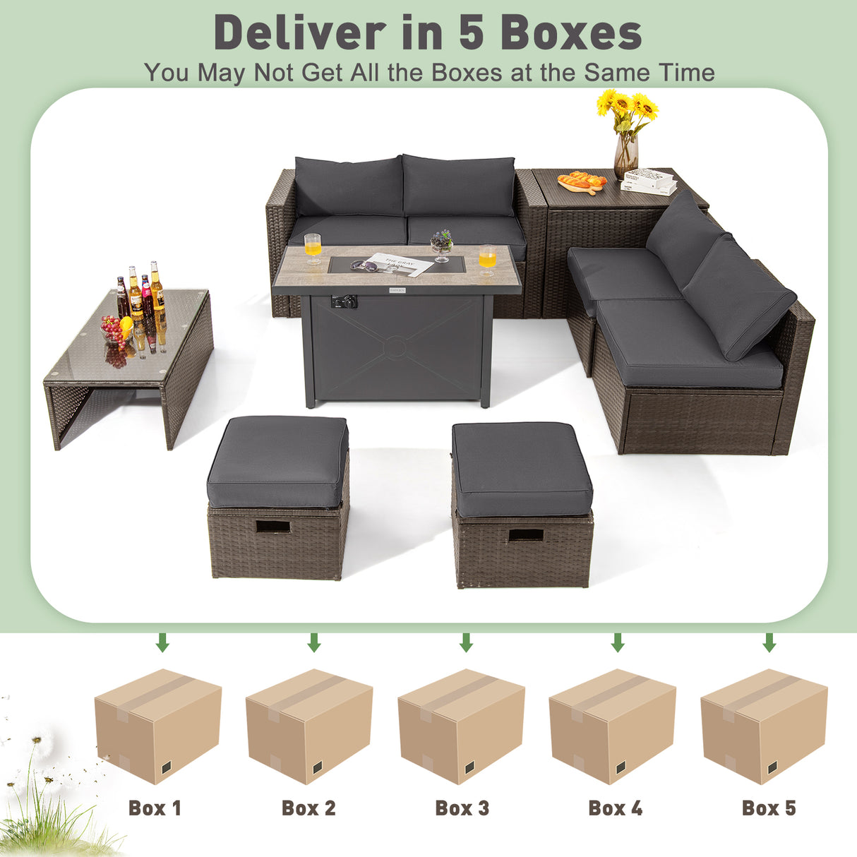 9 Pieces Outdoor Patio Furniture Set with 42 Inch Propane Fire Pit Table