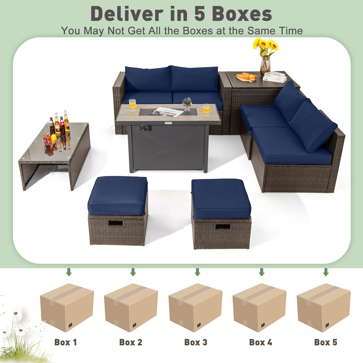 9 Pieces Outdoor Patio Furniture Set with 42 Inch Propane Fire Pit Table