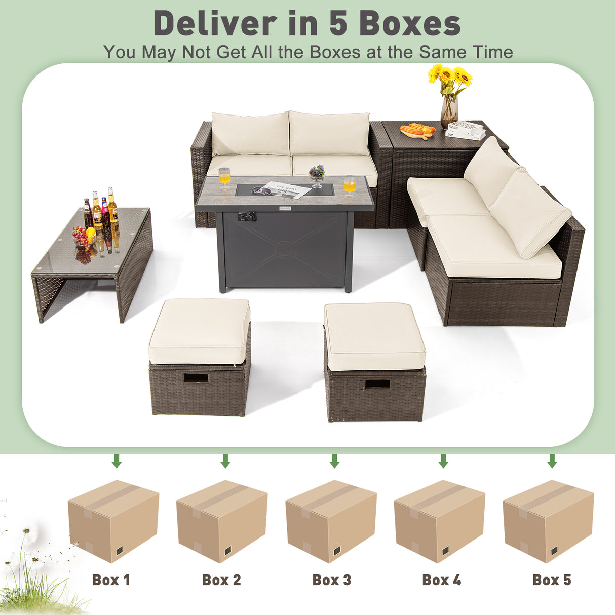 9 Pieces Outdoor Patio Furniture Set with 42 Inch Propane Fire Pit Table