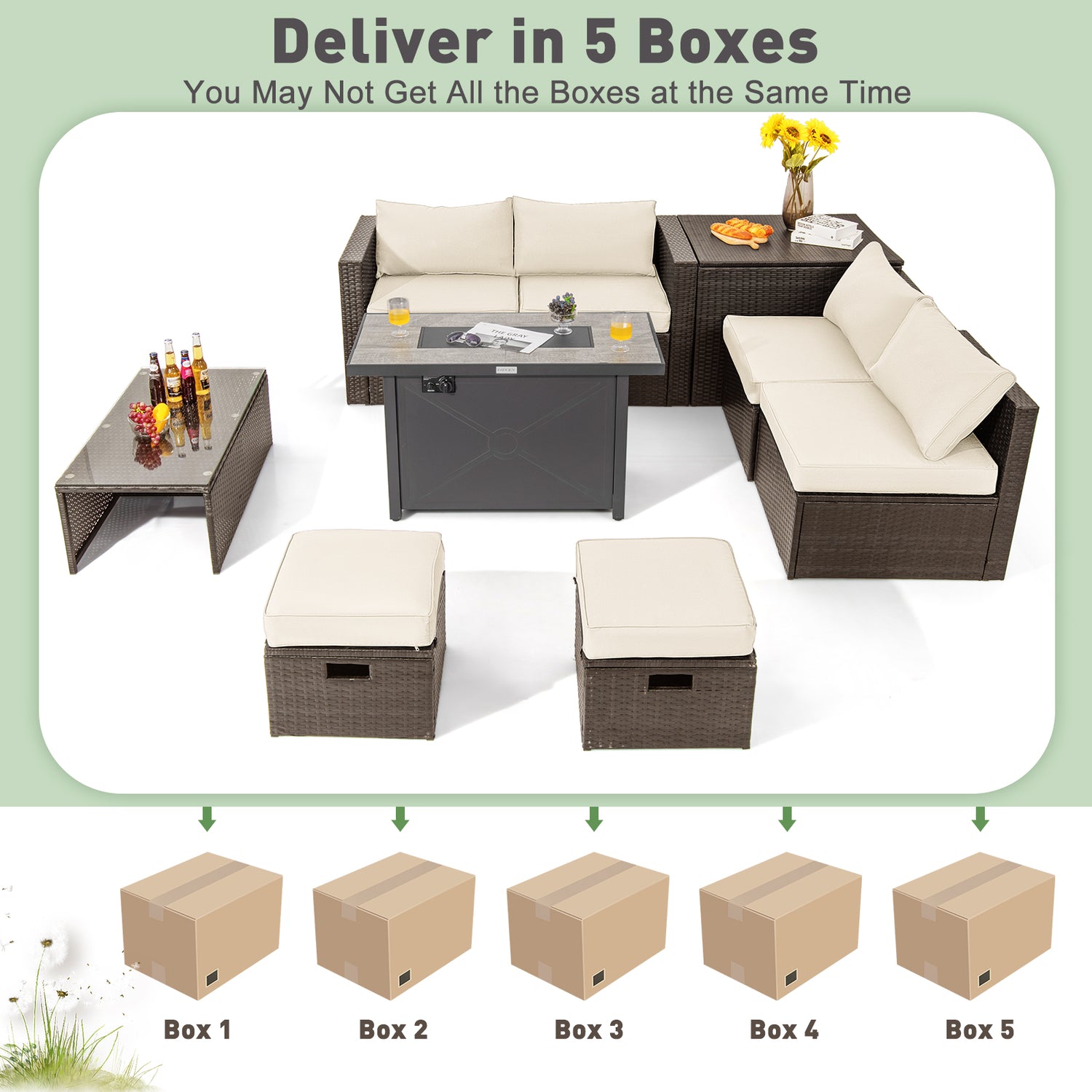 9 Pieces Outdoor Patio Furniture Set with 42 Inch Propane Fire Pit Table